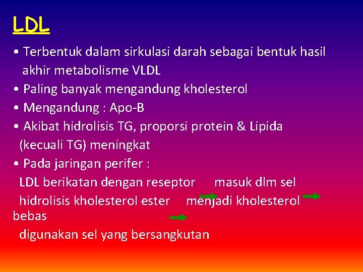 LDL • Terbentuk dalam sirkulasi darah sebagai bentuk hasil akhir metabolisme VLDL • Paling