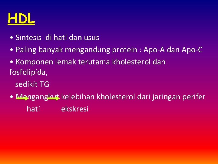 HDL • Sintesis di hati dan usus • Paling banyak mengandung protein : Apo-A