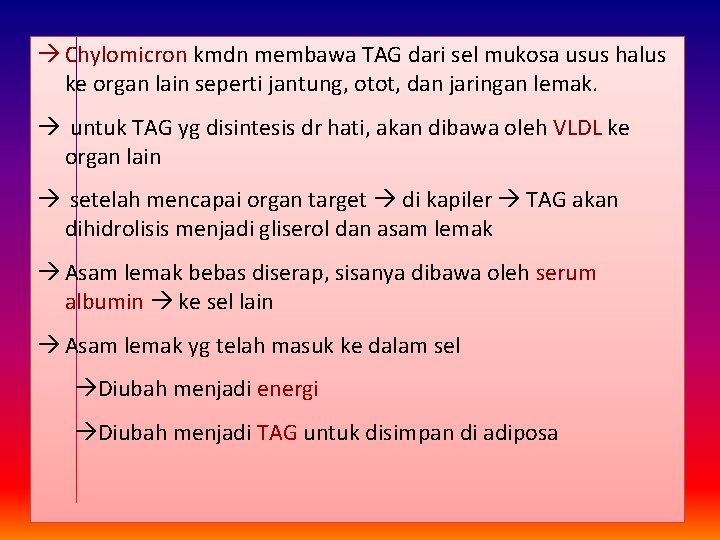  Chylomicron kmdn membawa TAG dari sel mukosa usus halus ke organ lain seperti