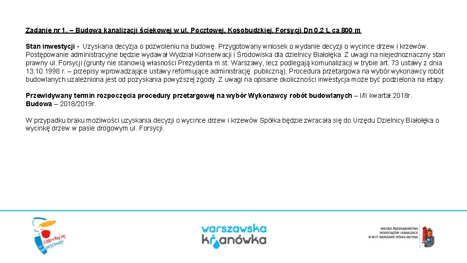 Zadanie nr 1. – Budowa kanalizacji ściekowej w ul. Pocztowej, Kosobudzkiej, Forsycji Dn 0,