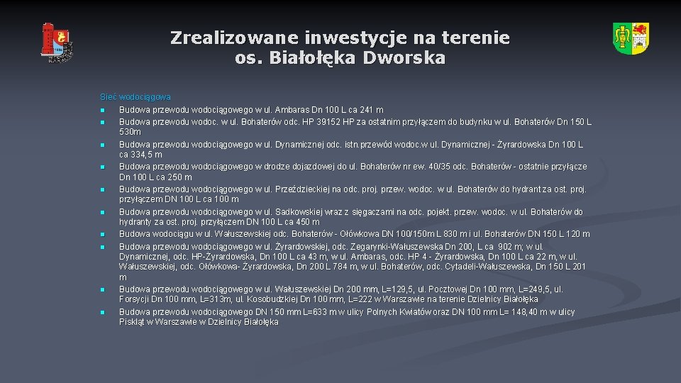 Zrealizowane inwestycje na terenie os. Białołęka Dworska Sieć wodociągowa n Budowa przewodu wodociągowego w