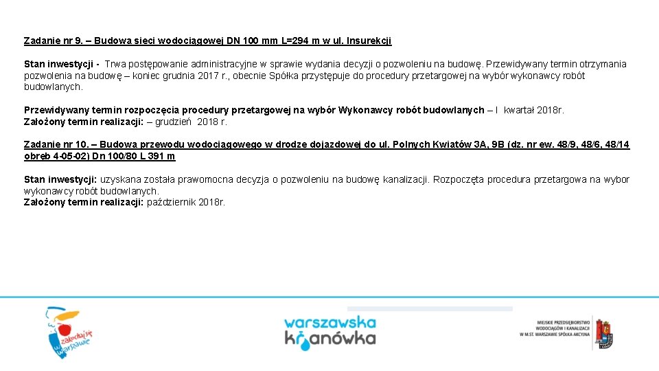 Zadanie nr 9. – Budowa sieci wodociągowej DN 100 mm L=294 m w ul.