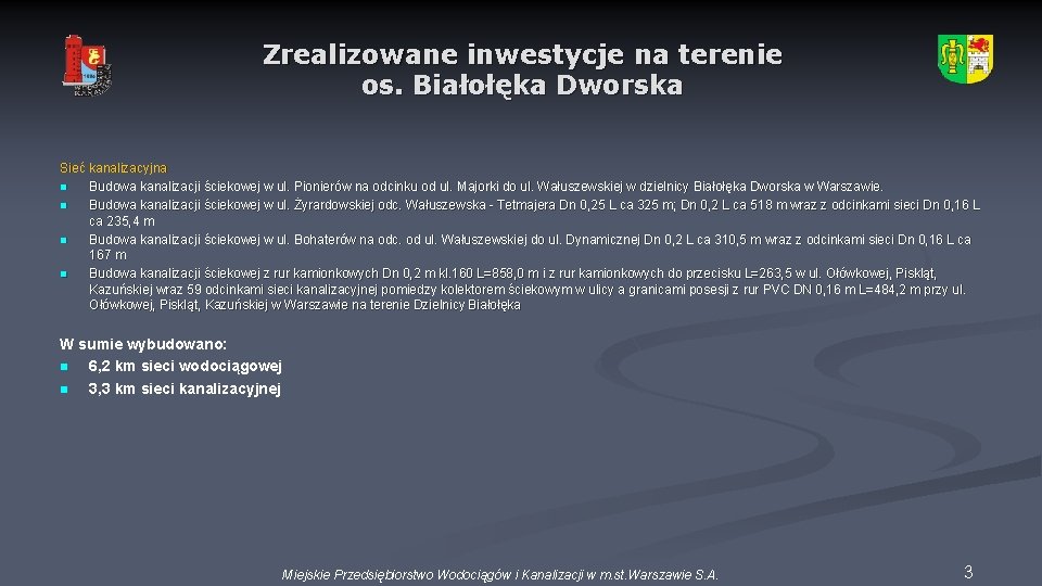Zrealizowane inwestycje na terenie os. Białołęka Dworska Sieć kanalizacyjna n Budowa kanalizacji ściekowej w