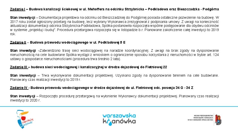 Zadanie I – Budowa kanalizacji ściekowej w ul. Mehoffera na odcinku Strzybnicka – Podkładowa