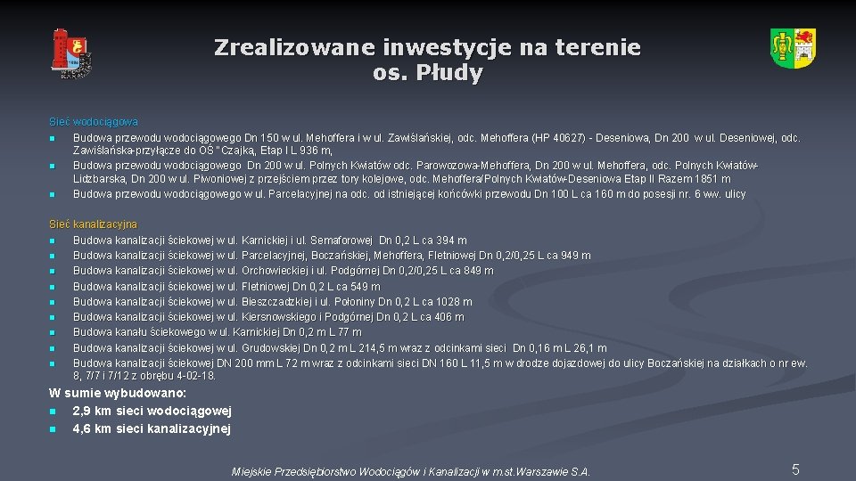 Zrealizowane inwestycje na terenie os. Płudy Sieć wodociągowa n Budowa przewodu wodociągowego Dn 150