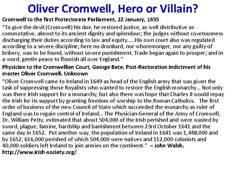 Oliver Cromwell, Hero or Villain? Cromwell to the first Protectorate Parliament, 22 January, 1655