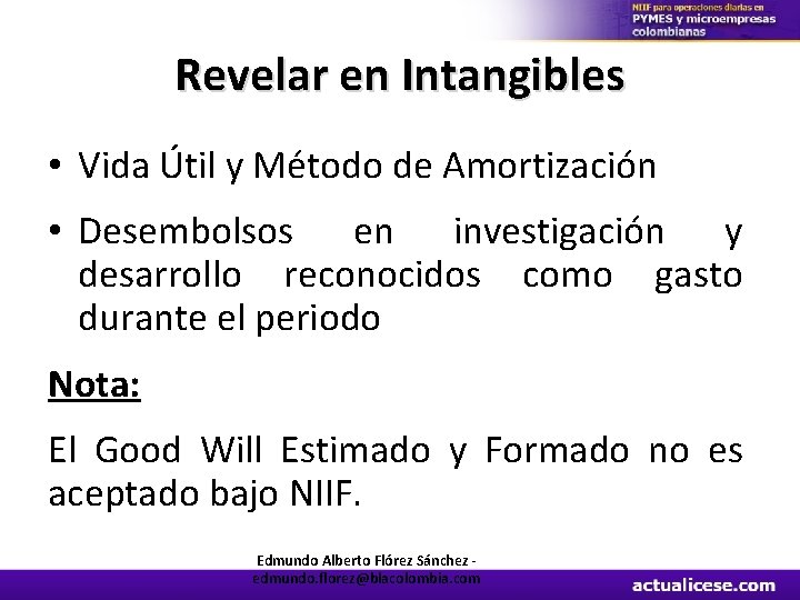 Revelar en Intangibles • Vida Útil y Método de Amortización • Desembolsos en investigación