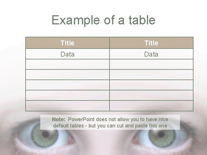 Example of a table Title Data Note: Power. Point does not allow you to