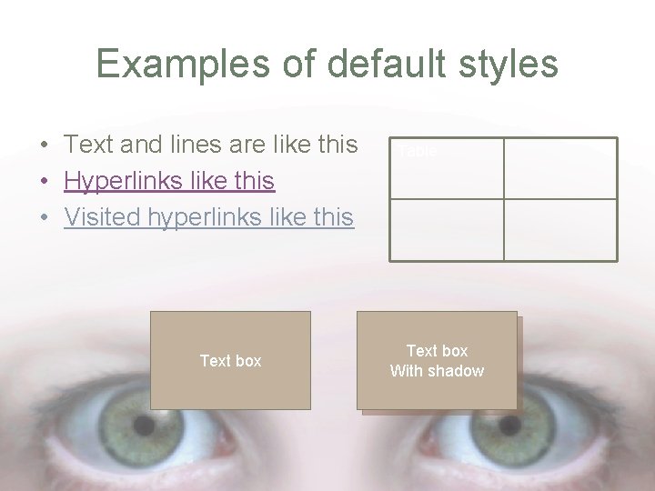Examples of default styles • Text and lines are like this • Hyperlinks like