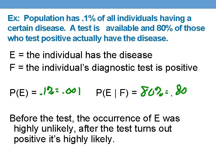 Ex: Population has. 1% of all individuals having a certain disease. A test is