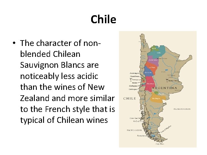 Chile • The character of nonblended Chilean Sauvignon Blancs are noticeably less acidic than