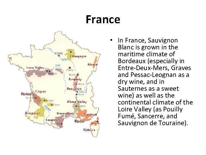 France • In France, Sauvignon Blanc is grown in the maritime climate of Bordeaux