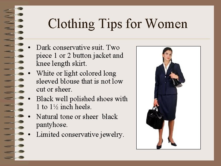 Clothing Tips for Women • Dark conservative suit. Two piece 1 or 2 button