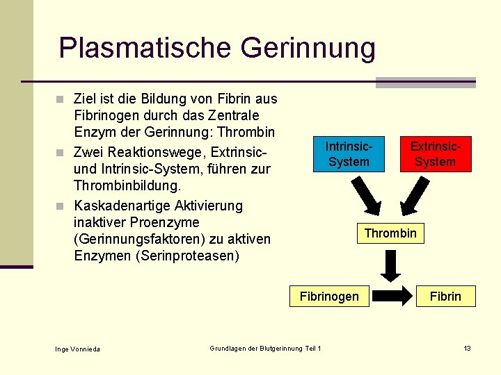 Plasmatische Gerinnung n Ziel ist die Bildung von Fibrin aus Fibrinogen durch das Zentrale