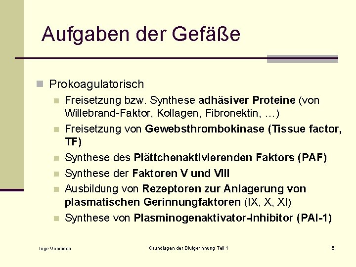 Aufgaben der Gefäße n Prokoagulatorisch n Freisetzung bzw. Synthese adhäsiver Proteine (von Willebrand-Faktor, Kollagen,