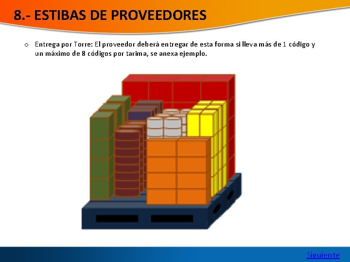 8. - ESTIBAS DE PROVEEDORES o Entrega por Torre: El proveedor deberá entregar de