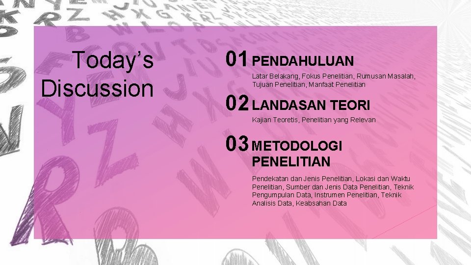 Today’s Discussion 01 PENDAHULUAN Latar Belakang, Fokus Penelitian, Rumusan Masalah, Tujuan Penelitian, Manfaat Penelitian