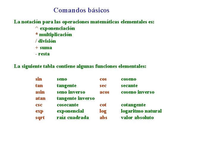 Comandos básicos La notación para las operaciones matemáticas elementales es: ^ exponenciación * multiplicación