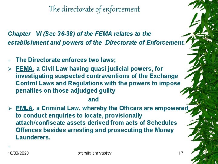 The directorate of enforcement Chapter VI (Sec 36 -38) of the FEMA relates to