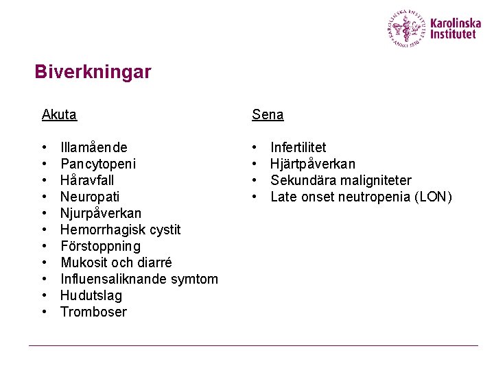 Biverkningar Akuta Sena • • • • Illamående Pancytopeni Håravfall Neuropati Njurpåverkan Hemorrhagisk cystit