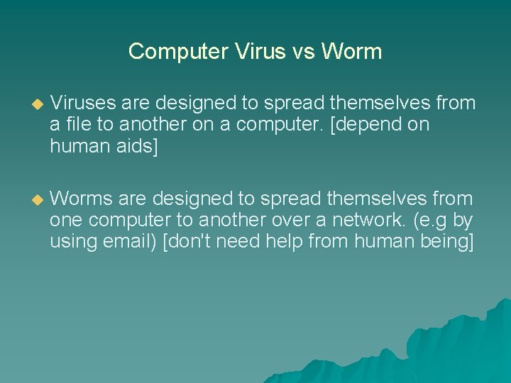 Computer Virus vs Worm u Viruses are designed to spread themselves from a file