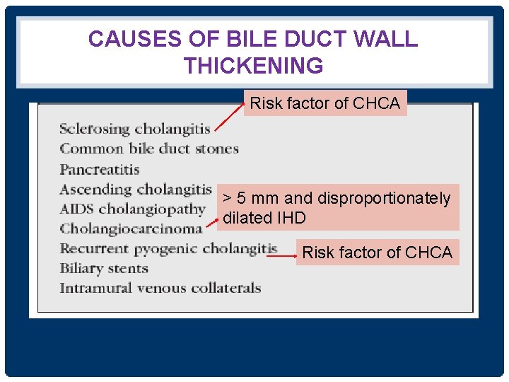 CAUSES OF BILE DUCT WALL THICKENING Risk factor of CHCA > 5 mm and