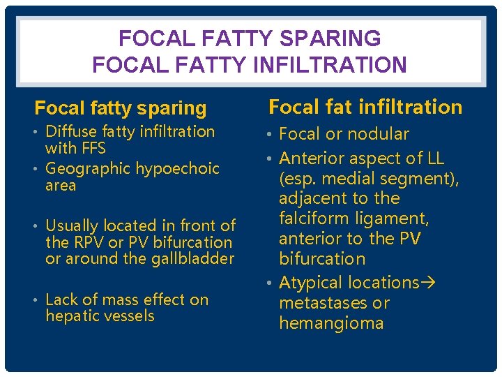 FOCAL FATTY SPARING FOCAL FATTY INFILTRATION Focal fatty sparing Focal fat infiltration • Diffuse