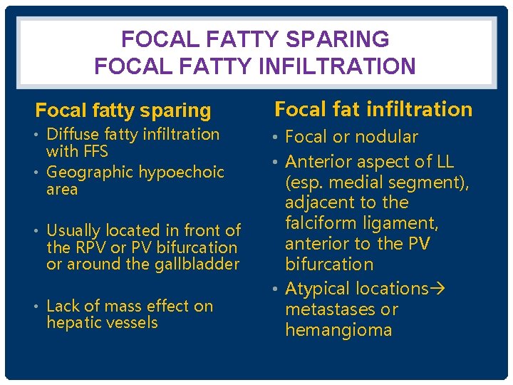 FOCAL FATTY SPARING FOCAL FATTY INFILTRATION Focal fatty sparing Focal fat infiltration • Diffuse