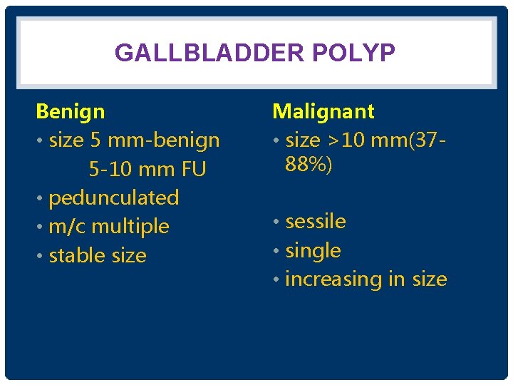 GALLBLADDER POLYP Benign • size 5 mm-benign 5 -10 mm FU • pedunculated •