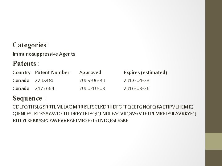 Categories : Immunosuppressive Agents Patents : Country Patent Number Canada 2203480 Canada 2172664 Approved