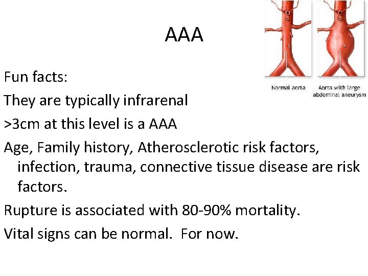 AAA Fun facts: They are typically infrarenal >3 cm at this level is a