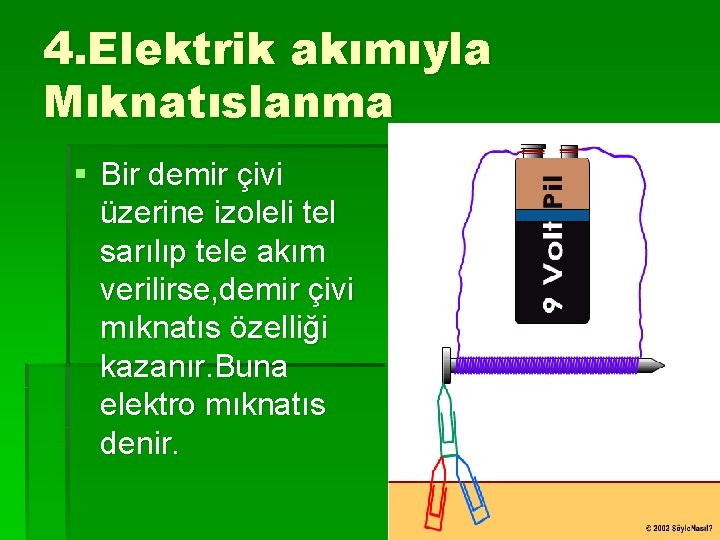 4. Elektrik akımıyla Mıknatıslanma § Bir demir çivi üzerine izoleli tel sarılıp tele akım