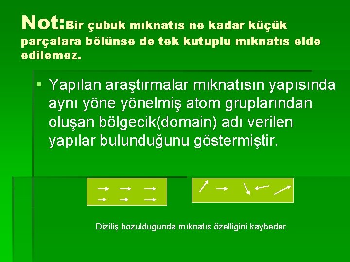 Not: Bir çubuk mıknatıs ne kadar küçük parçalara bölünse de tek kutuplu mıknatıs elde