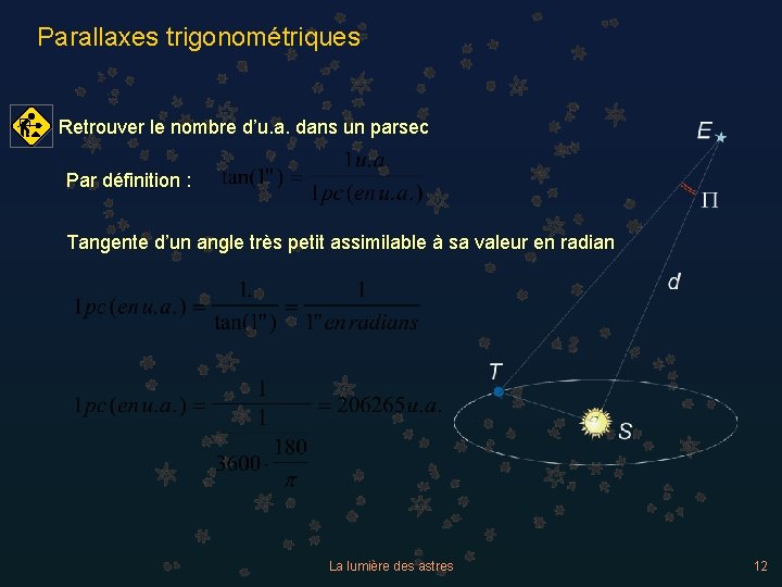 Parallaxes trigonométriques Retrouver le nombre d’u. a. dans un parsec Par définition : Tangente