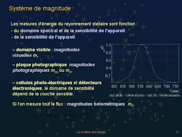 Système de magnitude Les mesures d'énergie du rayonnement stellaire sont fonction : - du