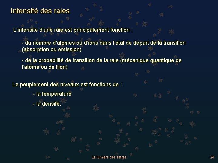 Intensité des raies L’intensité d’une raie est principalement fonction : - du nombre d’atomes