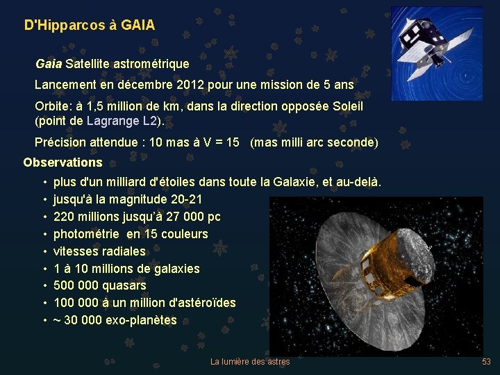 D'Hipparcos à GAIA Gaia Satellite astrométrique Lancement en décembre 2012 pour une mission de
