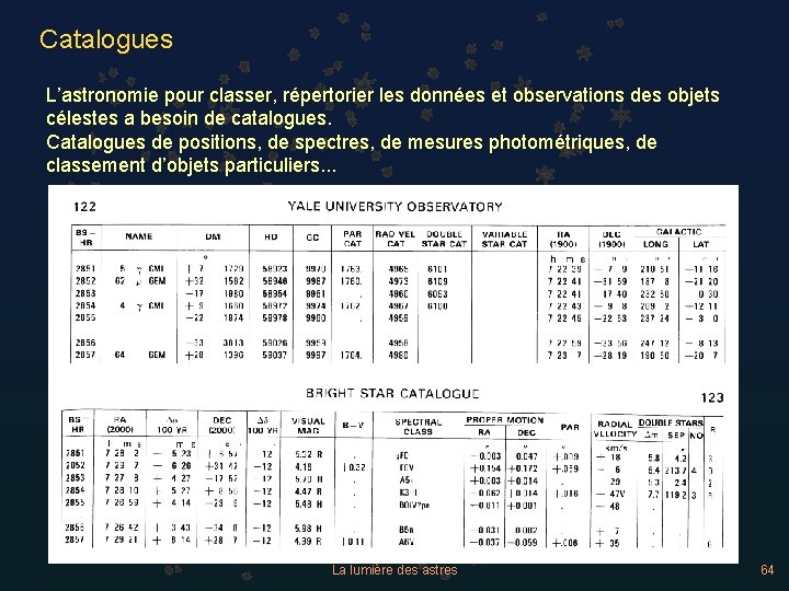 Catalogues L’astronomie pour classer, répertorier les données et observations des objets célestes a besoin