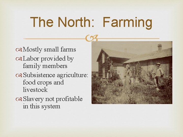 The North: Farming Mostly small farms Labor provided by family members Subsistence agriculture: food