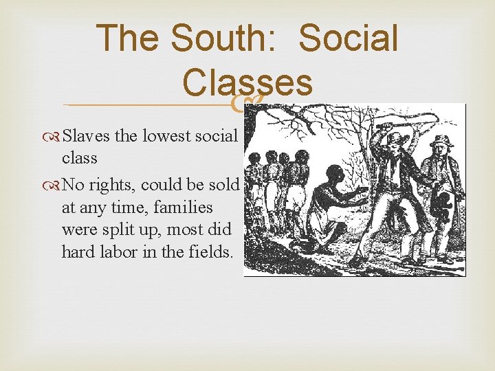 The South: Social Classes Slaves the lowest social class No rights, could be sold