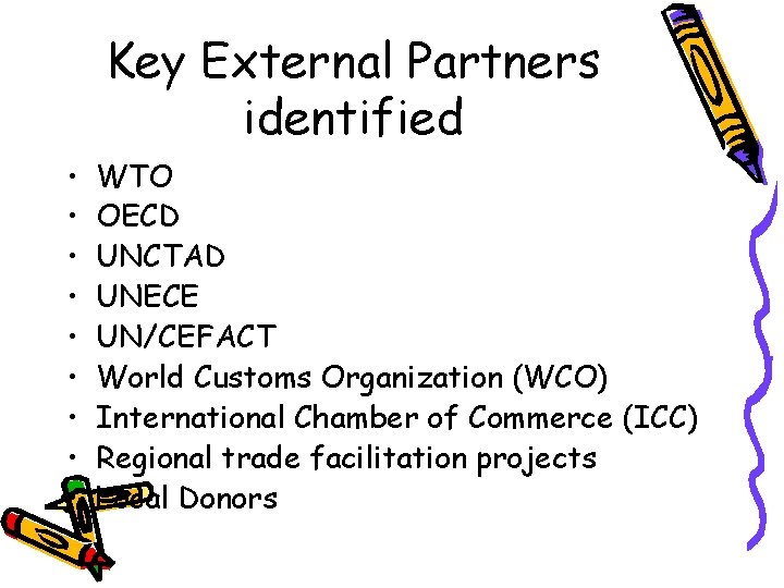 Key External Partners identified • • • WTO OECD UNCTAD UNECE UN/CEFACT World Customs