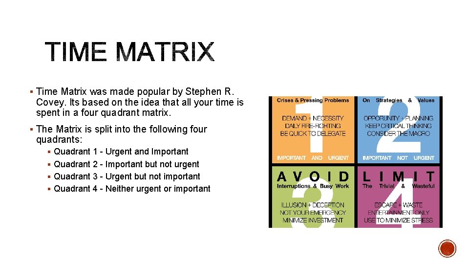 § Time Matrix was made popular by Stephen R. Covey. Its based on the