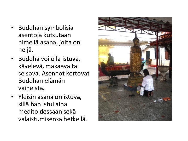  • Buddhan symbolisia asentoja kutsutaan nimellä asana, joita on neljä. • Buddha voi