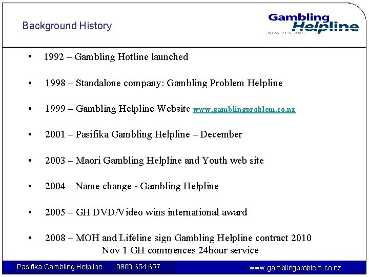 Background History • 1992 – Gambling Hotline launched • 1998 – Standalone company: Gambling