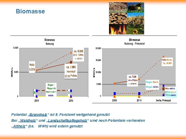 Biomasse Potential „Brennholz“ ist lt. Forstamt weitgehend genutzt Bei „Waldholz“ und „Landschaftspflegeholz“ sind noch