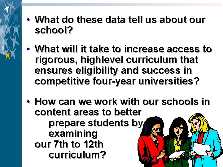  • What do these data tell us about our school? • What will
