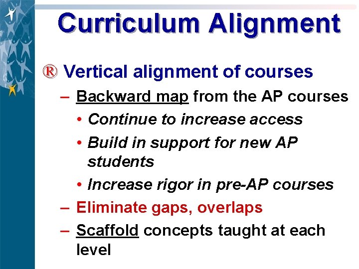 Curriculum Alignment ® Vertical alignment of courses – Backward map from the AP courses
