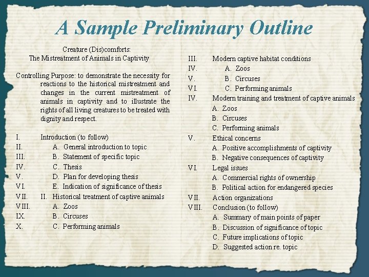A Sample Preliminary Outline Creature (Dis)comforts: The Mistreatment of Animals in Captivity Controlling Purpose: