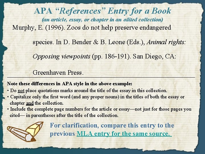 APA “References” Entry for a Book (an article, essay, or chapter in an edited
