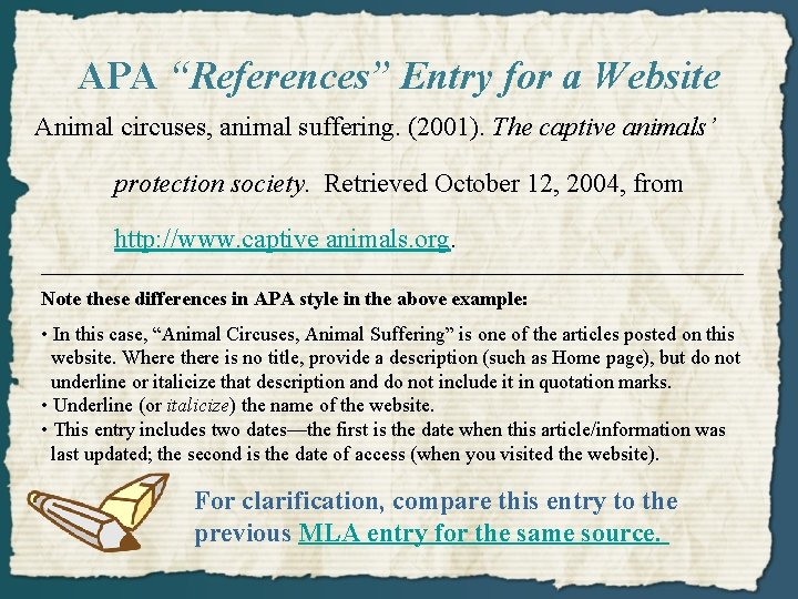 APA “References” Entry for a Website Animal circuses, animal suffering. (2001). The captive animals’